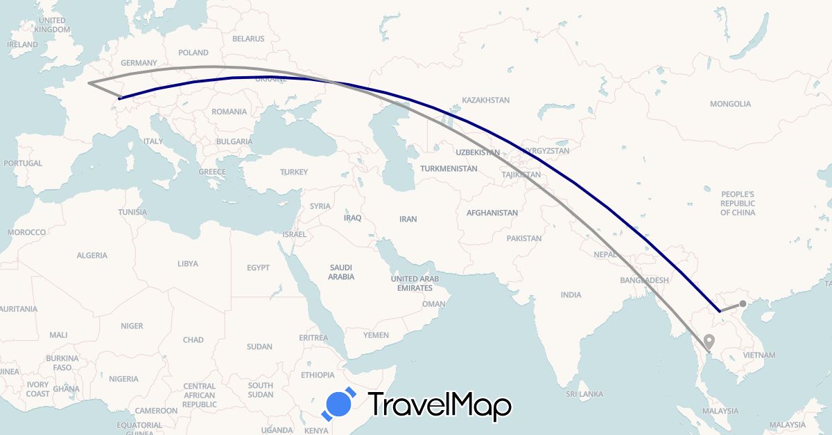TravelMap itinerary: driving, plane in Switzerland, France, Laos, Thailand (Asia, Europe)
